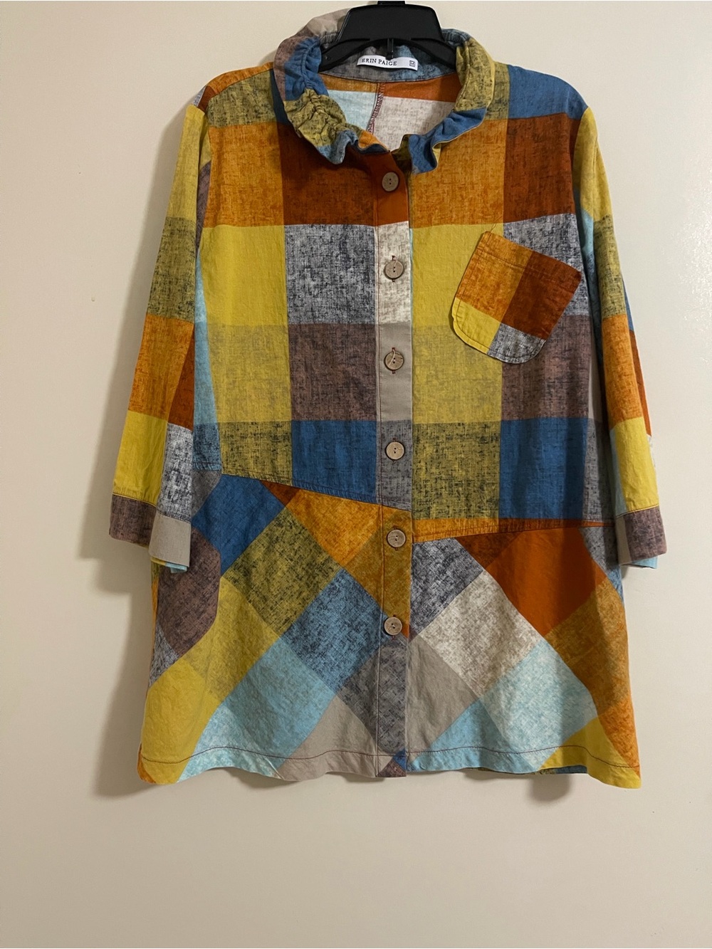 Erin Paige 3/4 Sleeve Button Up Patchwork Casual Blouse Ruffle Collar Sz M Boho
